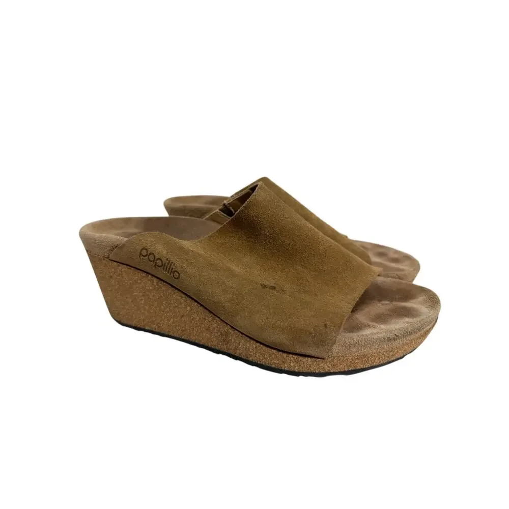 Birkenstock Papillio Tan Suede Leather Cork Wedge Slip On Sandals 38 Narrow
